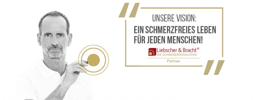 Liebscher & Bracht – Informationsgrafik mit Porträt und dem Leitsatz «Unsere Vision: ein schmerzfreies Leben für jeden Menschen»