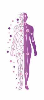 Violette stilisierte menschliche Figur mit Linien und Punkten als Symbol für Körper und Schmerztherapie.
